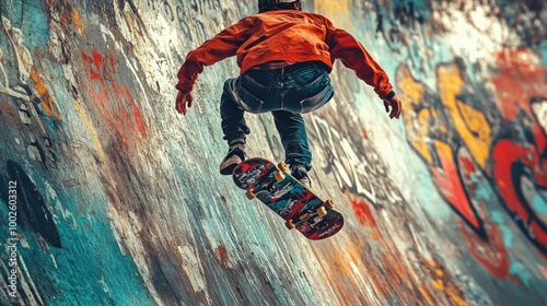 Thrilling Skateboarding Stunt in Graffiti Skatepark Captures Urban Adventure photo