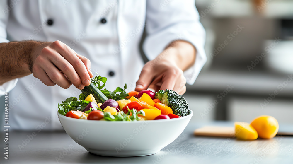 Chef preparing a fresh vegetable salad in a stylish bowl.