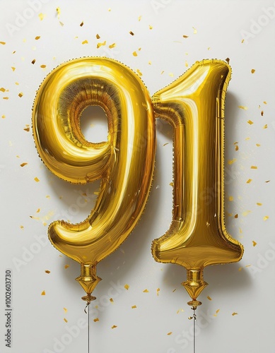 Gold birthday / anniversary balloon, number 91, white background with confetti