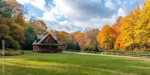 Rustic wooden cabin in a vibrant autumn forest surrounded by fall foliage Golden and orange trees create a cozy countryside scene with a weathered farmhouse and rolling hills