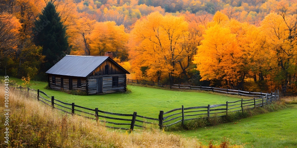 Rustic wooden cabin in a vibrant autumn forest surrounded by fall foliage Golden and orange trees create a cozy countryside scene with a weathered farmhouse and rolling hills