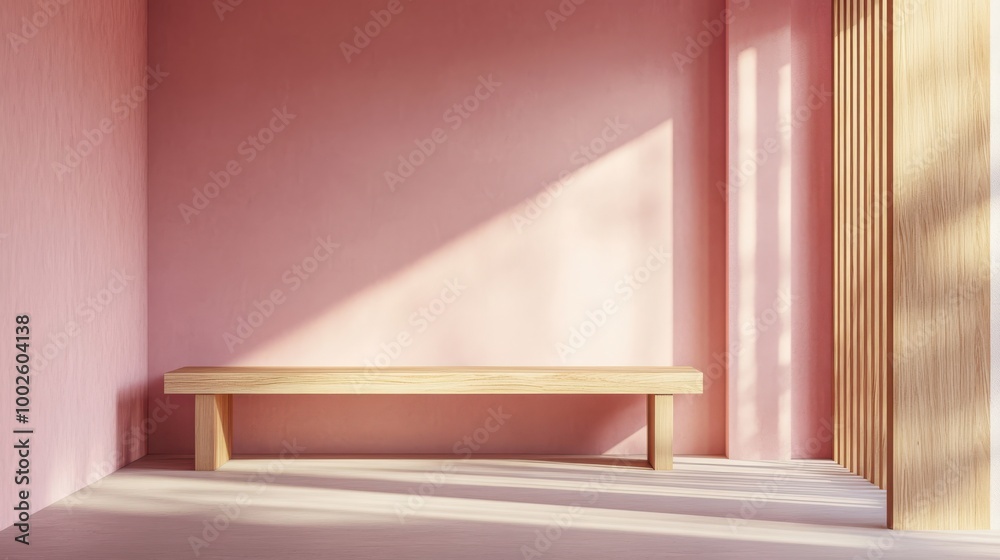 Mock up frame in a simple office featuring natural wooden furniture and soft pink walls, completely empty space, 3D render