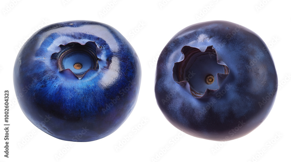 Obraz premium Closeup of two plump blueberries image isolated transparent. Rich blue berries, natural texture nutrition cut out photo png. Fresh healthy fruits cutouts elements objects photography