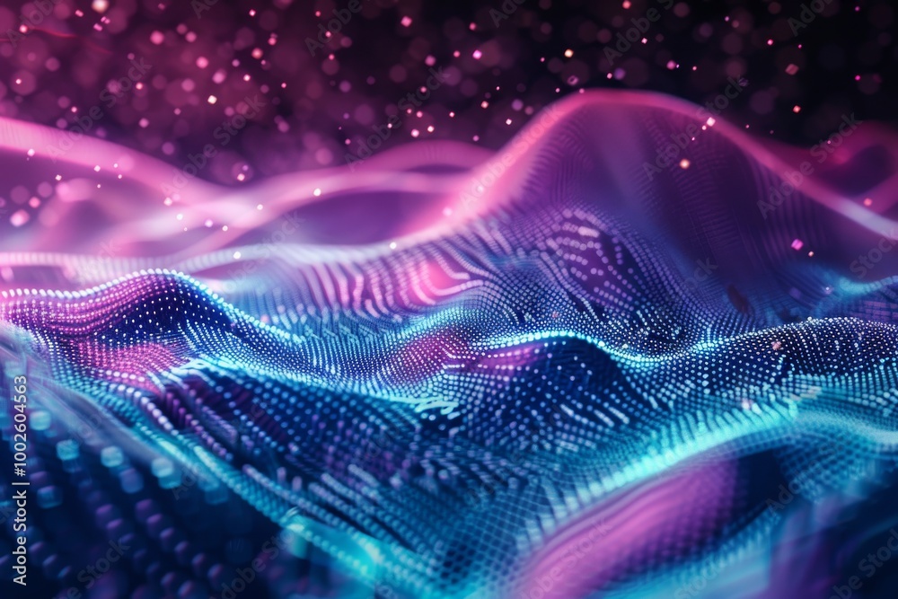 Abstract gradient hologram dynamic wave of particles. Digital wallpaper technology background. MZ Abstract gradient hologram dynamic wave of particles. Digital wallpaper technology background. MZ