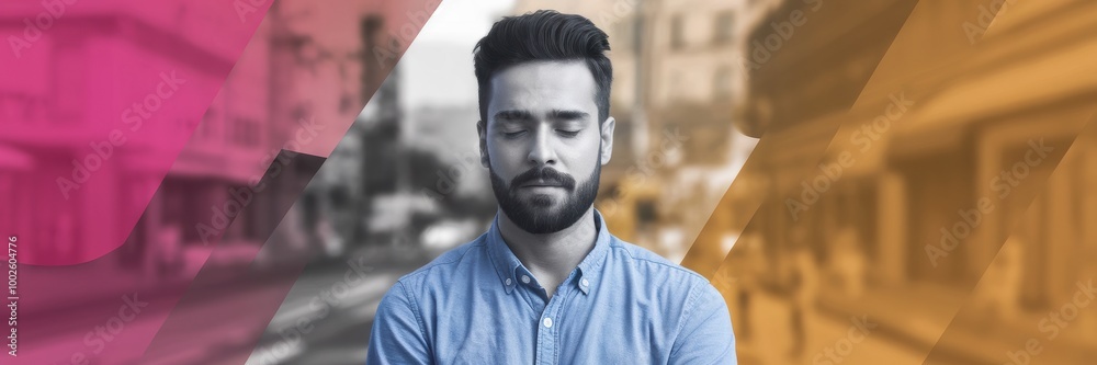 Urban Man in Thought with Colorful Background Elements Urban Man in Thought with Colorful Background Elements