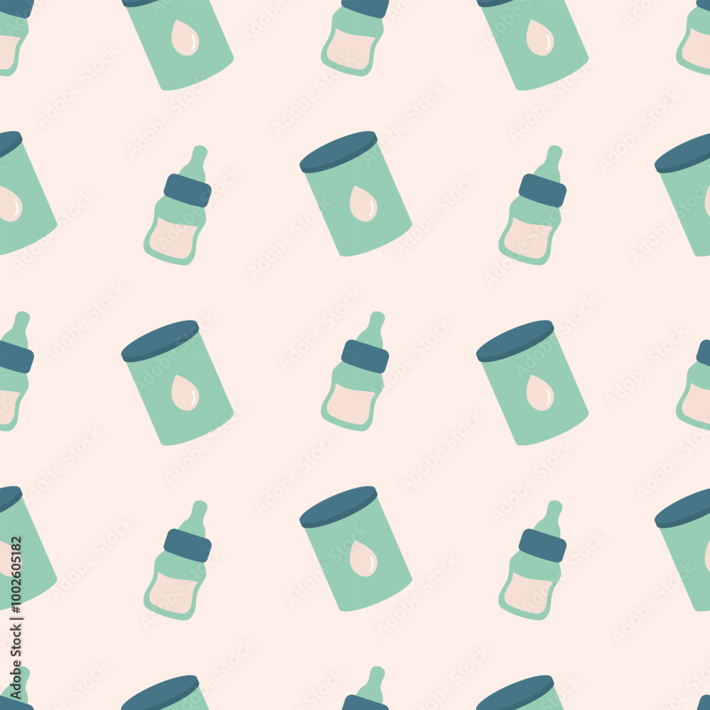 Milk formula, baby bottle seamless pattern. Vector illustration for background, packaging, wrapping paper, cover Milk formula, baby bottle seamless pattern. Vector illustration for background, packaging, wrapping paper, cover
