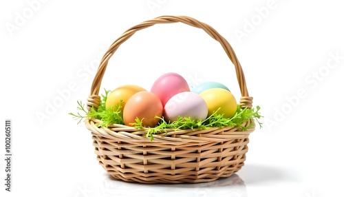 A basket of Easter eggs isolated on a white background