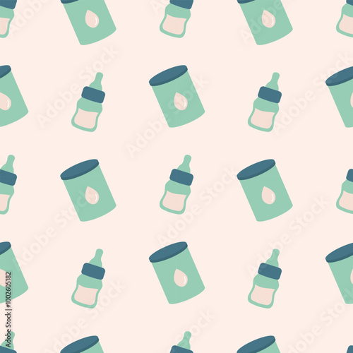 Milk formula, baby bottle seamless pattern. Vector illustration for background, packaging, wrapping paper, cover