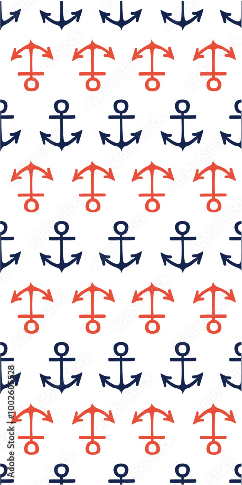 A repeating pattern of anchors in navy and coral colors on a white background, suitable for nautical-themed designs. A repeating pattern of anchors in navy and coral colors on a white background, suitable for nautical-themed designs.