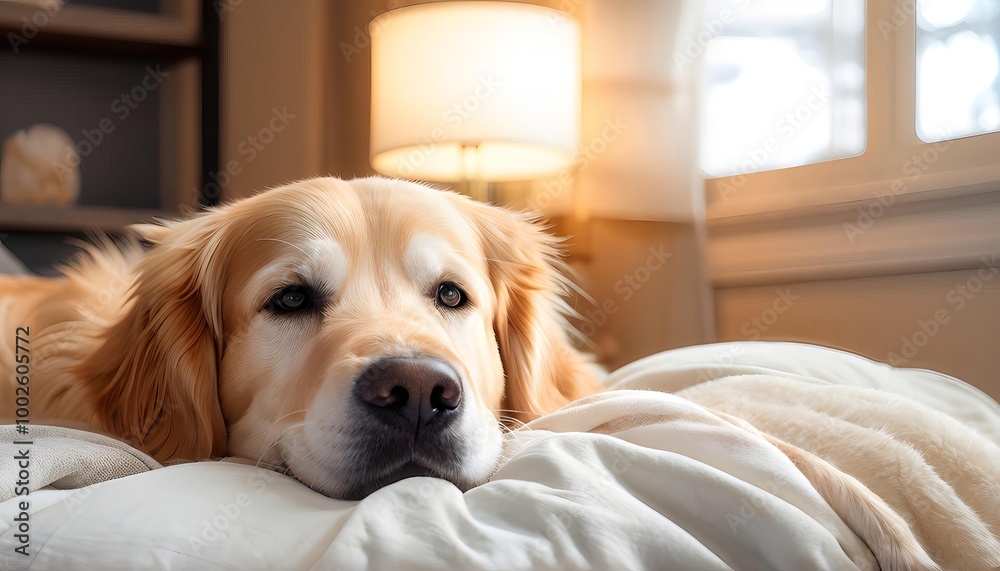 Relaxed golden retriever resting on white bedding in warm cozy room, pet care advertisement Relaxed golden retriever resting on white bedding in warm cozy room, pet care advertisement