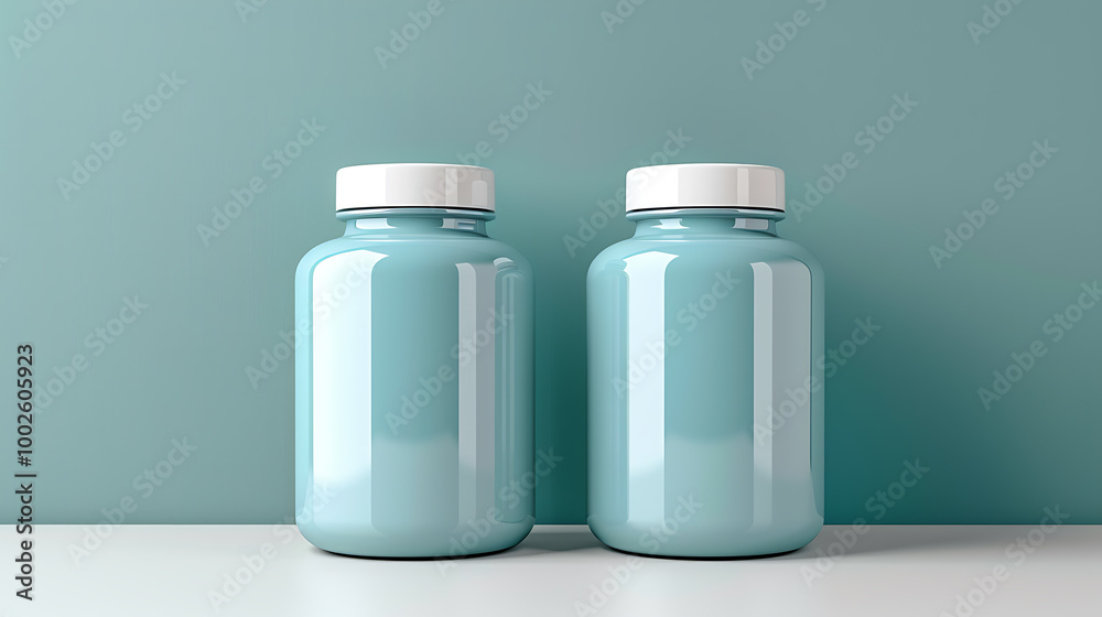 Two blue pill bottles with white lids stand on a white surface against a teal backdrop. Two blue pill bottles with white lids stand on a white surface against a teal backdrop.