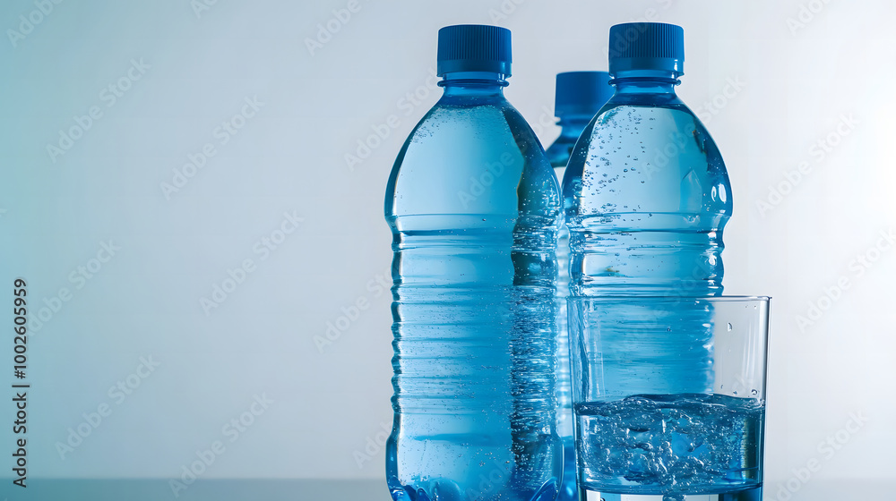 Bottled Water and Glass on a Light Blue Background Bottled Water and Glass on a Light Blue Background