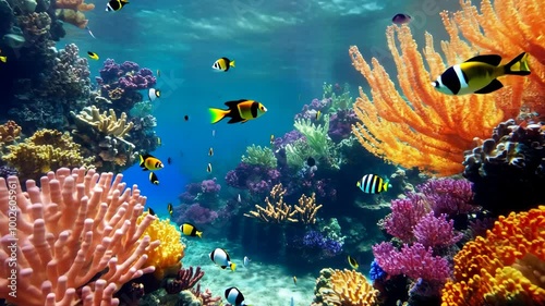 Colorful fish swim through a vibrant coral reef in the ocean