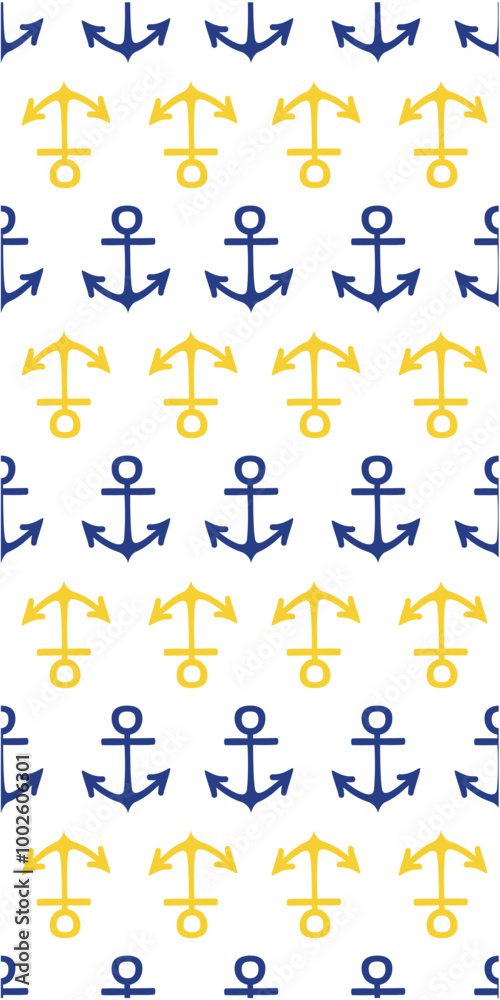 A repeating pattern of anchors in blue and yellow on a white background, suitable for nautical-themed designs. A repeating pattern of anchors in blue and yellow on a white background, suitable for nautical-themed designs.