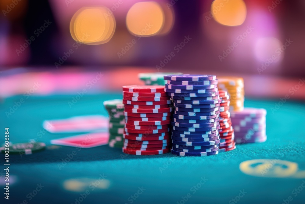 A colorful casino poker table with stacked chips ready for an exciting game at night. Generative AI A colorful casino poker table with stacked chips ready for an exciting game at night. Generative AI