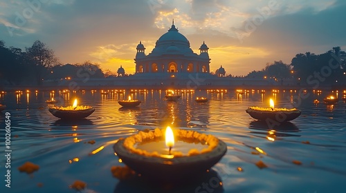 Diwali decorations with marigold flowers, diyas, and candles on a decorated table photo