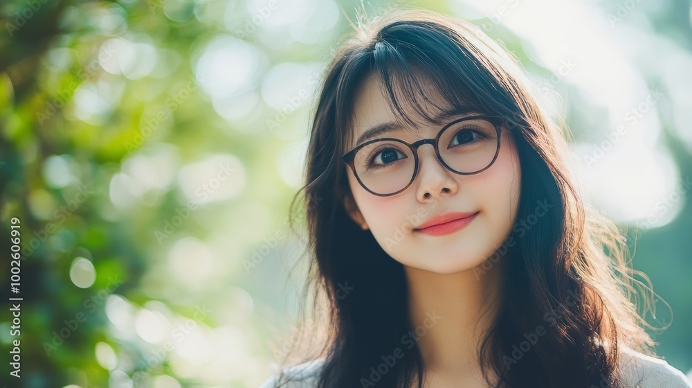 Captivating Young Asian Woman with Warm Smile and Eyeglasses in Natural Outdoor Setting Captivating Young Asian Woman with Warm Smile and Eyeglasses in Natural Outdoor Setting