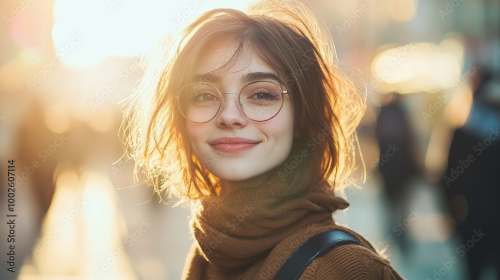 Cheerful Young Woman Smiling on City Sidewalk in Sunlight Cheerful Young Woman Smiling on City Sidewalk in Sunlight