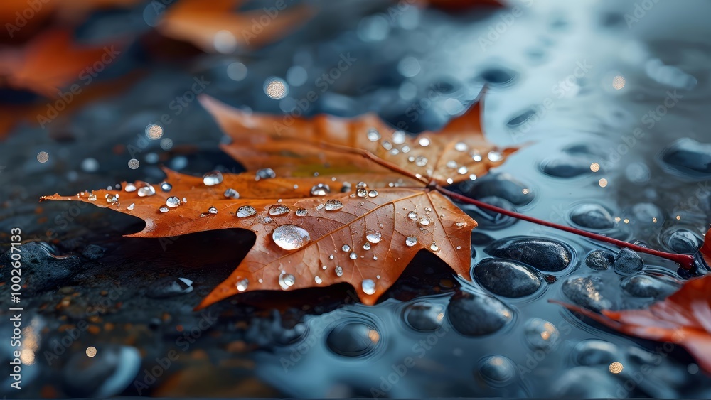 Close-up wet autumn leaf with water droplets on dark background, nature-themed wallpaper Close-up wet autumn leaf with water droplets on dark background, nature-themed wallpaper