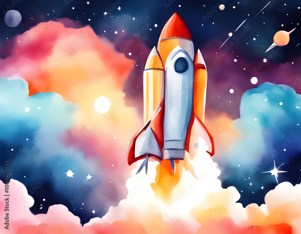 Naklejka premium Watercolor rocket launch background