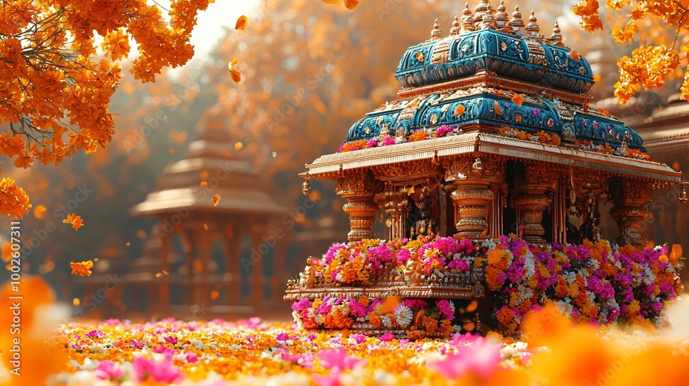 Fototapeta premium Celebrate Diwali with this vibrant image of a colorful decorative chariot adorned with flowers, ideal for festive promotions and cultural events.