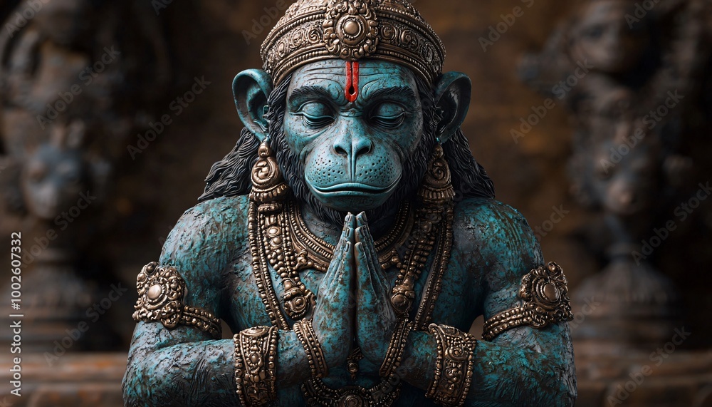 A serene statue of Lord Hanuman in a prayerful pose, perfect for Diwali celebrations, evoking feelings of devotion, reflection, and spiritual tranquility. A serene statue of Lord Hanuman in a prayerful pose, perfect for Diwali celebrations, evoking feelings of devotion, reflection, and spiritual tranquility.