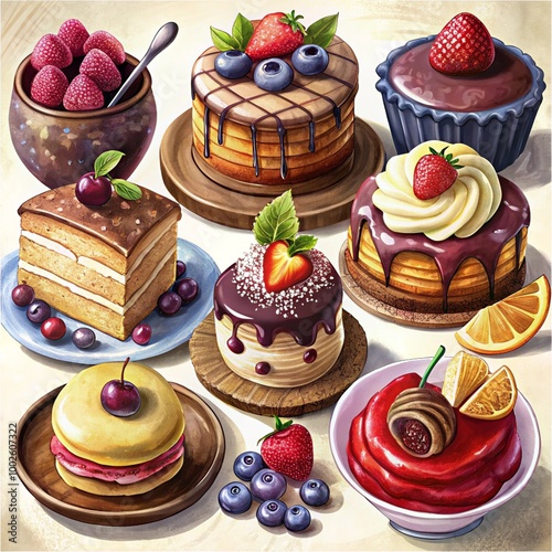 Set of sweets and desserts chocolate pancakes, cheesecakes, and chocolate slice cake.