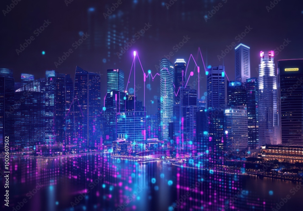 Nighttime Cityscape with Digital Overlays and Growth Charts