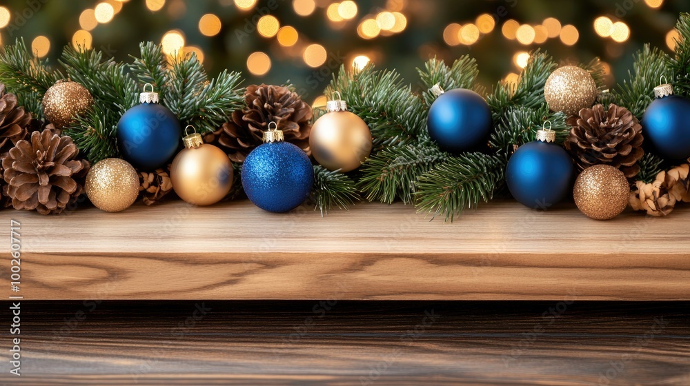 A beautiful display of blue and gold Christmas ornaments is elegantly arranged on a fireplace shelf, blending with green branches and spruce cones under soft lighting A beautiful display of blue and gold Christmas ornaments is elegantly arranged on a fireplace shelf, blending with green branches and spruce cones under soft lighting