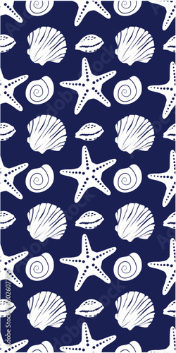 A repeating pattern featuring various seashells and starfish on a dark background, ideal for marine-themed designs.