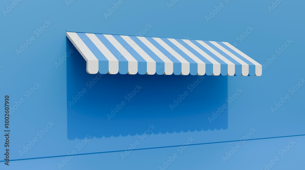 Striped street shop tent 3d illustration on blue wall. Realistic striped cafe awning on blue wall. Outdoor market tent. Roof canopy. Summer street store. Striped street shop tent 3d illustration on blue wall. Realistic striped cafe awning on blue wall. Outdoor market tent. Roof canopy. Summer street store.