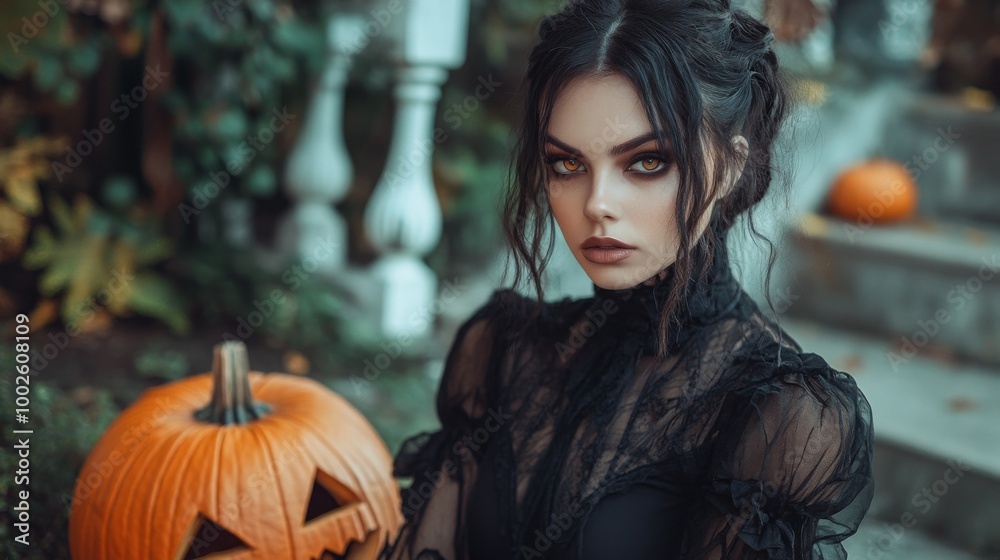 Dark Gothic Halloween Aesthetic with Pumpkins and Mysterious Girl