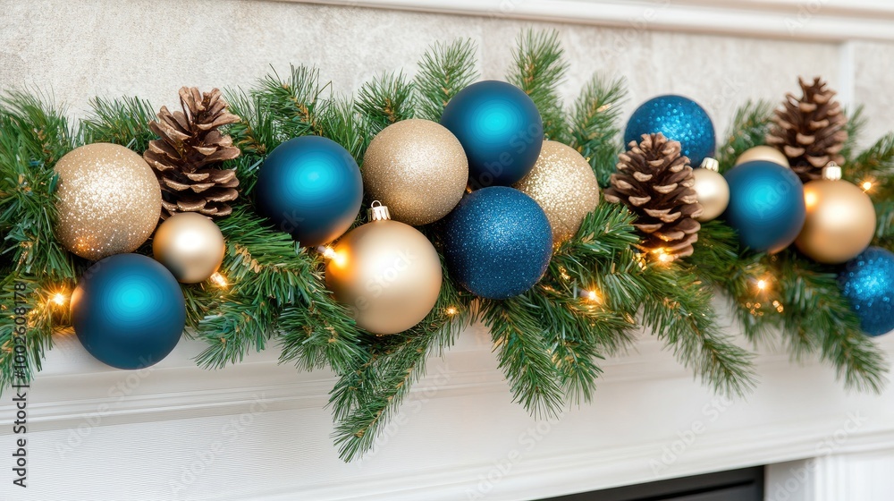 A beautiful display of blue and gold Christmas ornaments is elegantly arranged on a fireplace shelf, blending with green branches and spruce cones under soft lighting A beautiful display of blue and gold Christmas ornaments is elegantly arranged on a fireplace shelf, blending with green branches and spruce cones under soft lighting