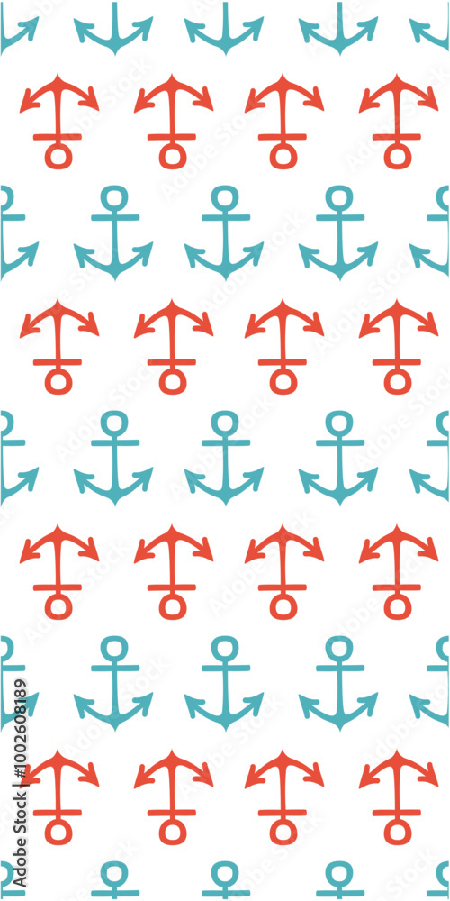 A repeating pattern featuring red and teal anchor symbols, ideal for nautical-themed designs or backgrounds. A repeating pattern featuring red and teal anchor symbols, ideal for nautical-themed designs or backgrounds.