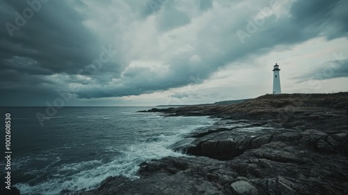 Lighthouse on Rocky Coast Under Cloudy Sky