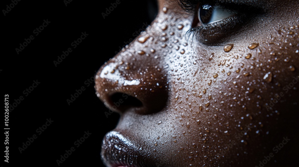 Woman’s Face with Water Droplets in Extreme Close-Up Woman’s Face with Water Droplets in Extreme Close-Up