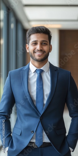 A man in a blue suit and white shirt is smiling and posing for a photo. Concept of confidence and professionalism, as the man is dressed in a formal suit and tie