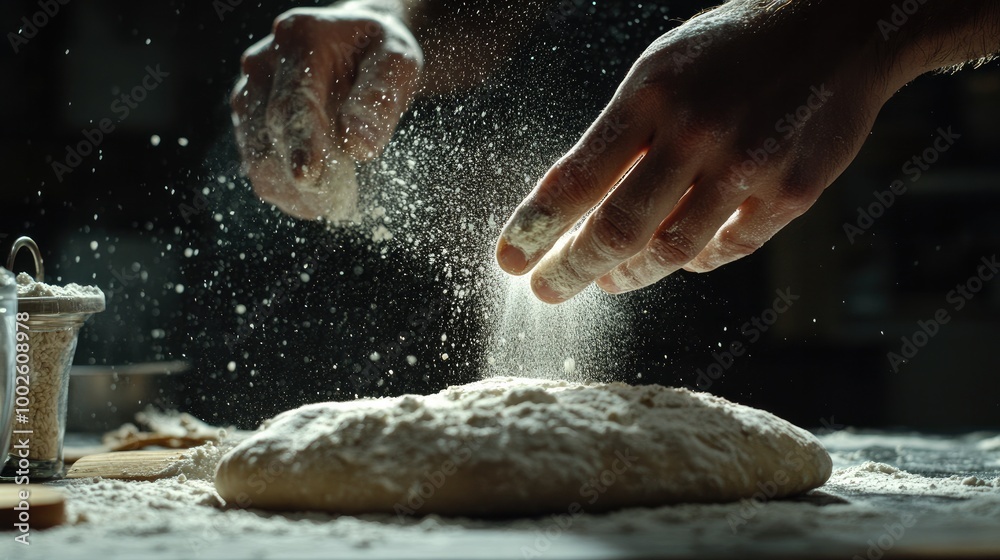 Person Sprinkling Flour on Dough Person Sprinkling Flour on Dough