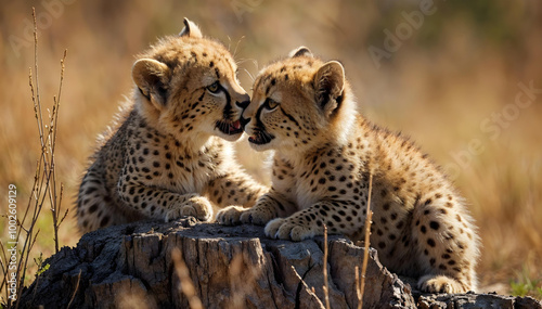 A couple of cheetah cubs playing on a dead tree stump in savanna