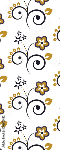 A decorative floral pattern featuring swirling vines, flowers, and leaves in earthy tones on a white background.