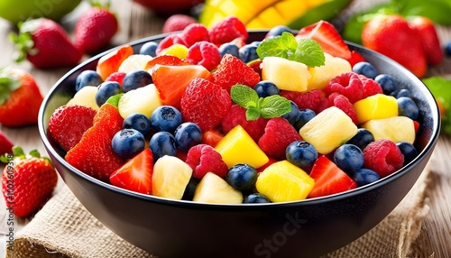 Colorful bowl of fresh strawberries, blueberries, and mango celebrating healthy summer snacking and vibrant meals