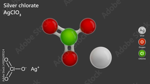 Silver chlorate (AgClO3) a simple metal salt, forms white, tetragonal crystals. it is water-soluble and an oxidizing agent. The substance exhibits blasting properties. Gray background. 3d illustration photo