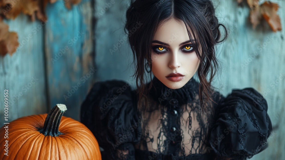 Dark Gothic Halloween Aesthetic with Pumpkins and Mysterious Girl Dark Gothic Halloween Aesthetic with Pumpkins and Mysterious Girl