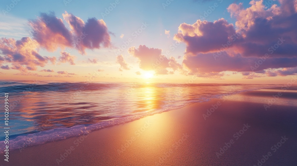 Sunset over an untouched beach, vibrant colors in the sky Sunset over an untouched beach, vibrant colors in the sky