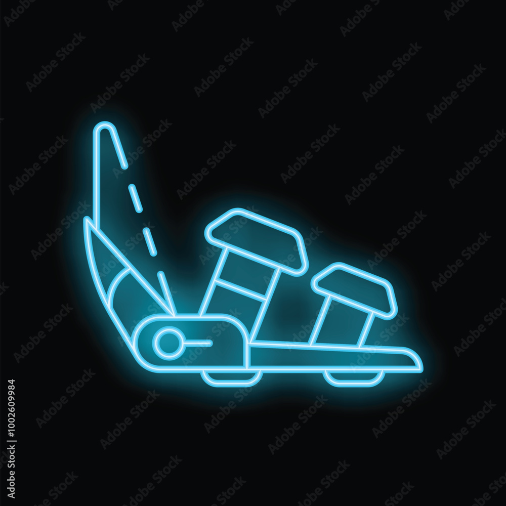 Bright blue neon airplane seat icon glowing against a dark background, perfect for travel and aviation themes Bright blue neon airplane seat icon glowing against a dark background, perfect for travel and aviation themes