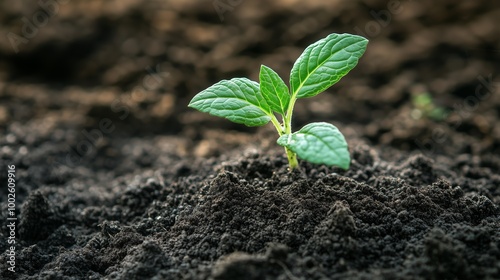 A small green plant emerging from rich soil in a garden, symbolizing growth and renewal during springtime