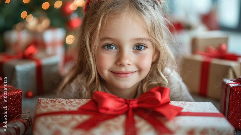 A cheerful girl with sparkling eyes poses beside colorful Christmas presents adorned with ribbons, celebrating the festive spirit A cheerful girl with sparkling eyes poses beside colorful Christmas presents adorned with ribbons, celebrating the festive spirit