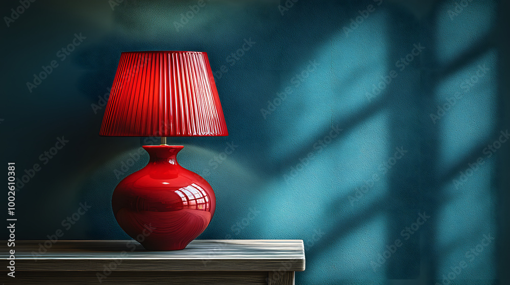 Red Lamp on Wooden Table Against Blue Wall Background
Red Lamp on Wooden Table Against Blue Wall Background