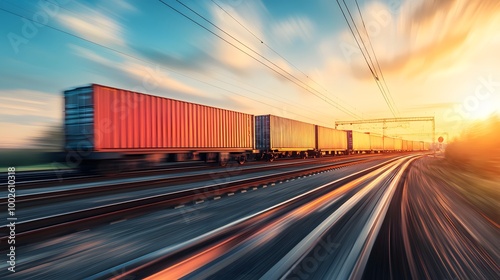 A cargo train is moving along the tracks, carrying various goods such as containers and freight cars against a blue sky with white clouds