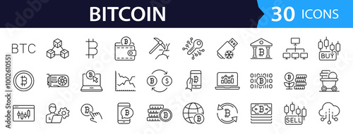 Cryptocurrency set of web icons in line style. Bitcoin linear icon collection. Containing crypto currency, money, blockchain technology, mining, exchange, payment and more. Editable stroke